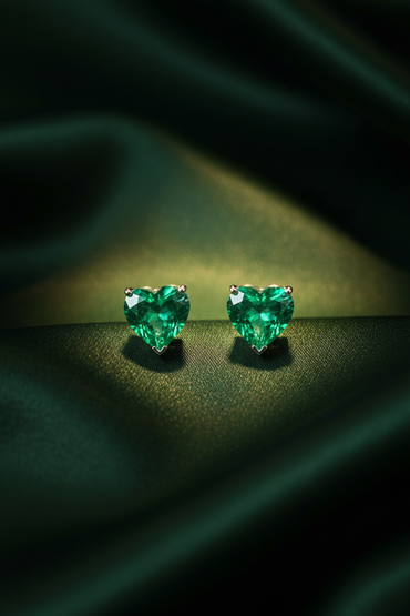14K White Gold GIA Colombian Emerald Heart Stud Earrings on forest green silk backdrop editorial marketing image