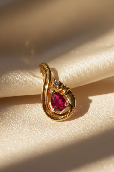 14K Yellow Gold Pear Ruby & Diamond Pendant - angle 1