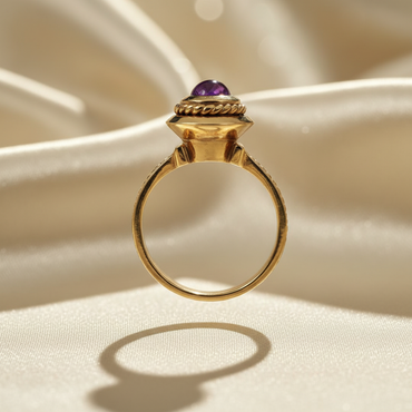 14K Yellow Gold Cabochon Amethyst Rope Halo Wheat Band Ring — Side View