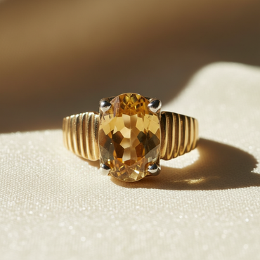 14K Two-Tone Gold 1.75ct Oval Citrine Ribbed Band Ring - face-up view