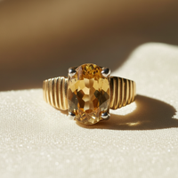 14K Two-Tone Gold 1.75ct Oval Citrine Ribbed Band Ring - face-up view
