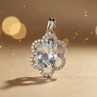 Aquamarine & Diamond Flower Halo Pendant in 14K White Gold