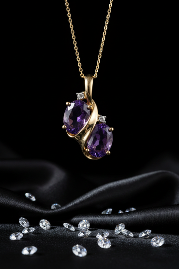 14K White Gold Dual Oval Amethyst Diamond Bypass Pendant - Front Close-Up