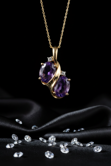 14K White Gold Dual Oval Amethyst Diamond Bypass Pendant - Front Close-Up