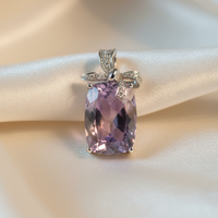 14K White Gold Cushion Amethyst and Diamond Bow Pendant - front view on cream satin