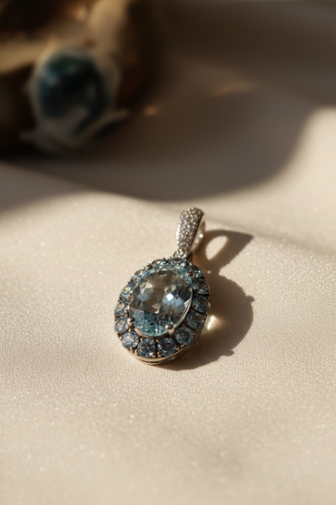 14K White Gold Oval Aquamarine Halo & Diamond Pendant - editorial front