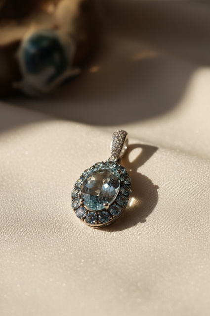 14K White Gold Oval Aquamarine Halo & Diamond Pendant - editorial front