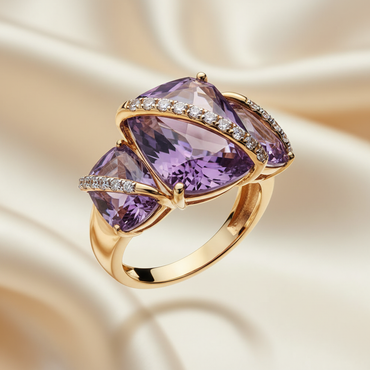 14K Yellow Gold Amethyst Three-Stone Bypass Ring - Three-Quarter View