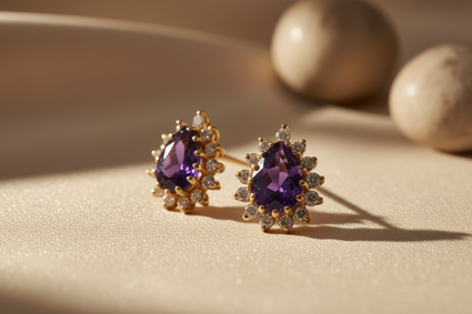14K Yellow Gold Pear Amethyst & Diamond Halo Earrings - editorial three-quarter