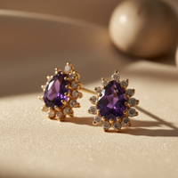 14K Yellow Gold Pear Amethyst & Diamond Halo Earrings - editorial three-quarter