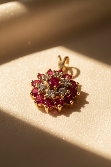 10K Yellow Gold Ruby & Diamond Cluster Pendant - angle 2