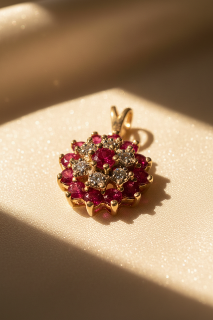 10K Yellow Gold Ruby & Diamond Cluster Pendant - angle 2