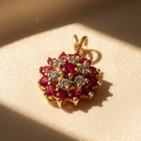 10K Yellow Gold Ruby & Diamond Cluster Pendant - angle 2