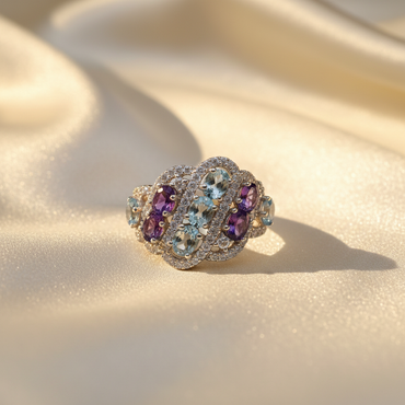 Sterling silver amethyst and aquamarine multi-stone ring - editorial marketing image 1