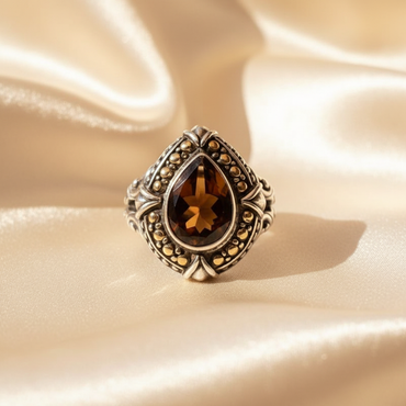 Sterling Silver 18K Yellow Gold Cognac Quartz Ring - editorial top view