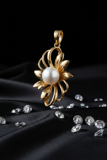 Yellow gold freshwater pearl sunburst pendant - three-quarter angle