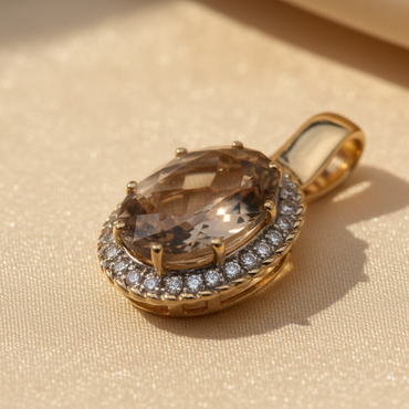 14K Yellow Gold Oval Smoky Quartz and Diamond Halo Pendant - three quarter view