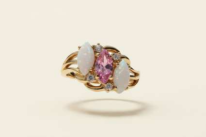 14K yellow gold pink CZ and opal marquise ring floating on ivory backdrop luxury editorial marketing image