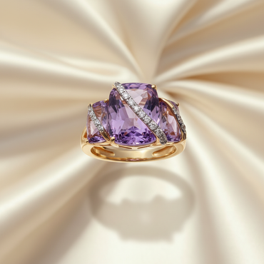 14K Yellow Gold Amethyst Three-Stone Bypass Ring - Front View