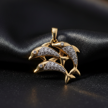10K Yellow Gold Diamond Double Dolphin Pendant – Front View