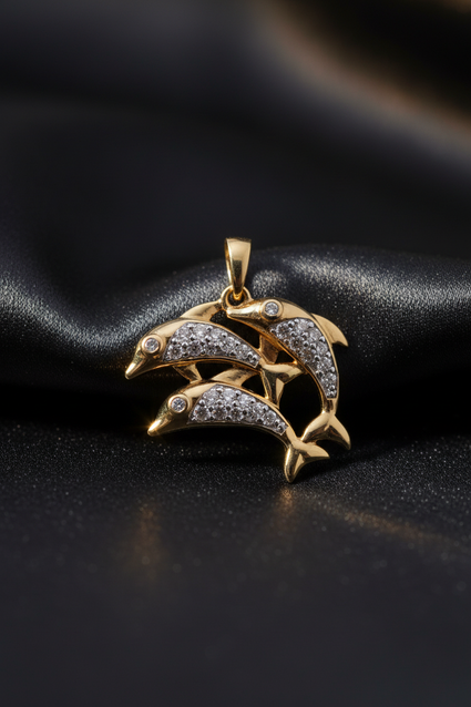 10K Yellow Gold Diamond Double Dolphin Pendant – Front View