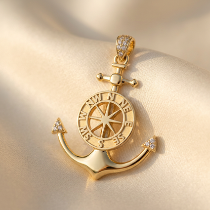 DOV 18K yellow gold diamond anchor and compass pendant, turned view without chain