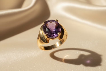 14K Yellow Gold Oval Amethyst Solitaire Ring - front view