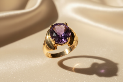 14K Yellow Gold Oval Amethyst Solitaire Ring - front view