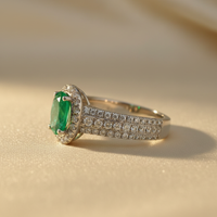 18K White Gold Oval Emerald & Diamond Halo Ring - editorial side profile