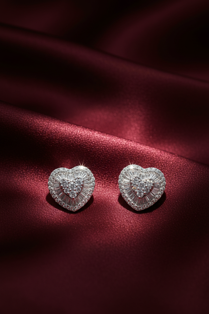 14K White Gold Diamond Heart Cluster Halo Stud Earrings on crimson silk backdrop editorial marketing image