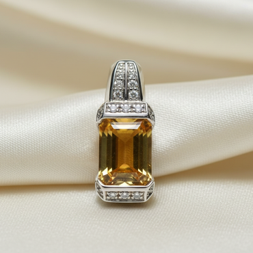 14K White Gold Emerald-Cut Citrine and Diamond Art Deco Pendant - front view