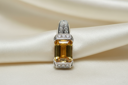 14K White Gold Emerald-Cut Citrine and Diamond Art Deco Pendant - front view
