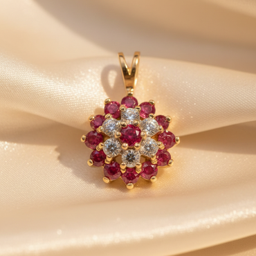 10K Yellow Gold Ruby & Diamond Cluster Pendant - angle 1