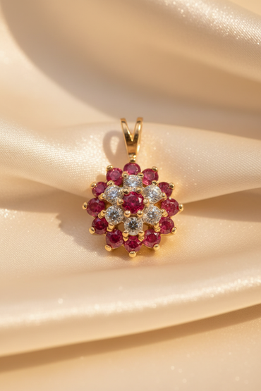 10K Yellow Gold Ruby & Diamond Cluster Pendant - angle 1