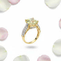 Lime quartz ring side profile with white and pink rose petals