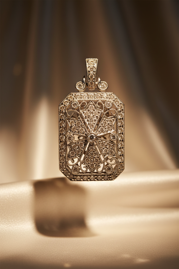 18K white gold .51ctw diamond art deco filigree cross pendant, front view