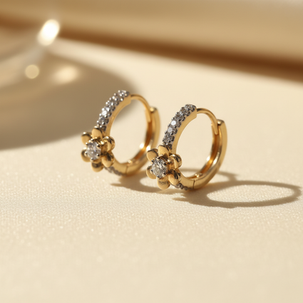 10K Yellow Gold Diamond Flower Huggie Hoop Earrings - editorial close up