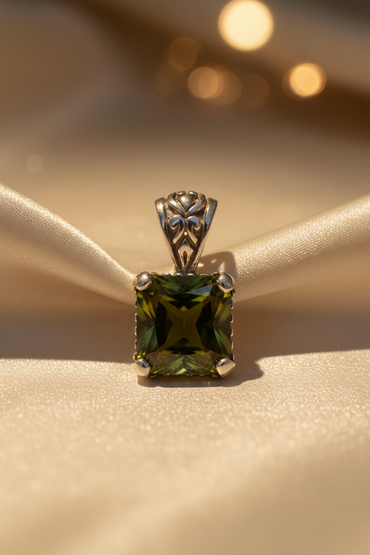Sterling silver green stone mad filigree pendant - hero marketing image