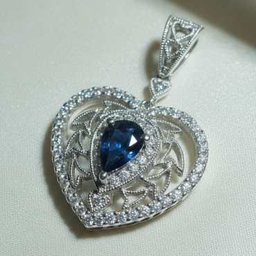 18K White Gold Sapphire & Diamond Vintage Filigree Heart Pendant - angle 1