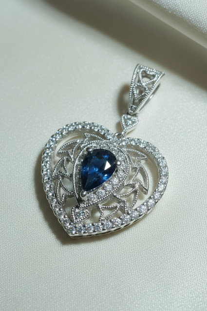 18K White Gold Sapphire & Diamond Vintage Filigree Heart Pendant - angle 1