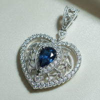 18K White Gold Sapphire & Diamond Vintage Filigree Heart Pendant - angle 1