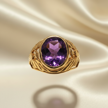 14K Yellow Gold Oval Amethyst Eagle Wing Ring — Front View