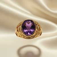 14K Yellow Gold Oval Amethyst Eagle Wing Ring — Front View