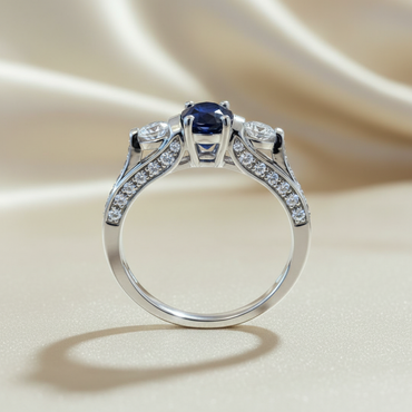 14K White Gold Blue Sapphire Diamond Three-Stone Channel Band Ring — Side View