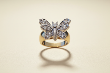 14K two-tone diamond butterfly ring floating on ivory backdrop luxury editorial marketing image