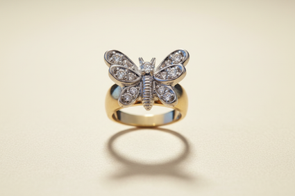 14K two-tone diamond butterfly ring floating on ivory backdrop luxury editorial marketing image