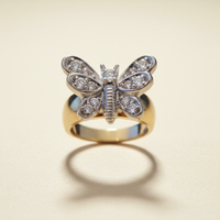 14K two-tone diamond butterfly ring floating on ivory backdrop luxury editorial marketing image
