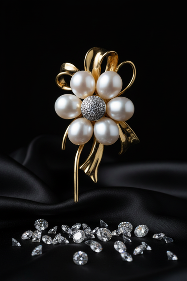 Yellow gold freshwater pearl flower pendant - full view