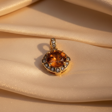 10K yellow gold orange citrine and diamond halo pendant with diamond-set bail, angle 1