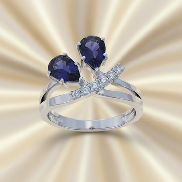 14K White Gold Pear Iolite Diamond Toi et Moi X-Cross Bypass Ring — Top View